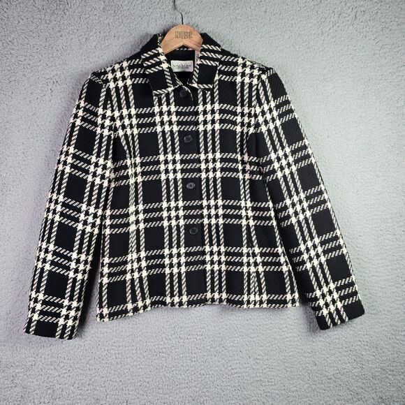 Villager Plaid Blazer Jacket 8 Black White Wool Blend Lined Padded Shoulder - Picture 5 of 14